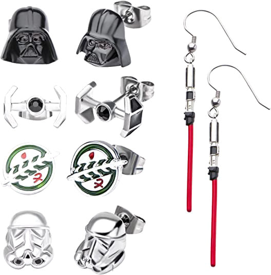 Star Wars Jewelry Unisex Adult Stainless Steel Dangle Charm Stud Earrings Set, Silver, One Size